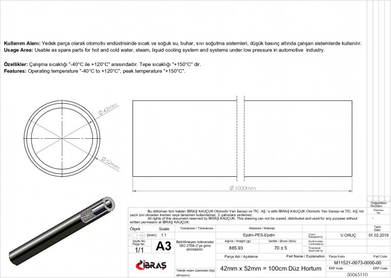 42mm x 52mm = 100 cm DÜZ HORTUM