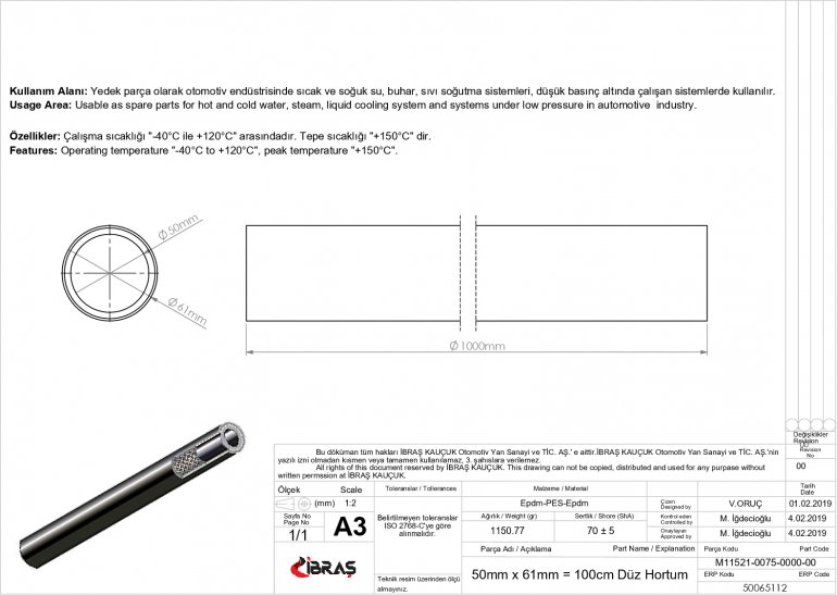 50mm x 61mm = 100 cm DÜZ HORTUM