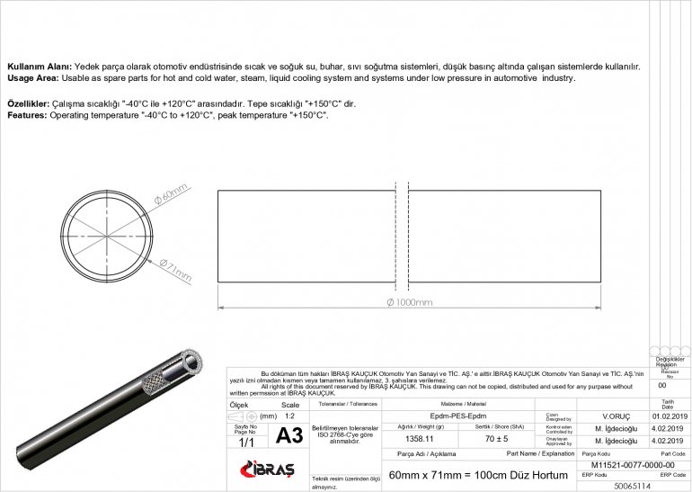 60mm x 71mm = 100 cm DÜZ HORTUM