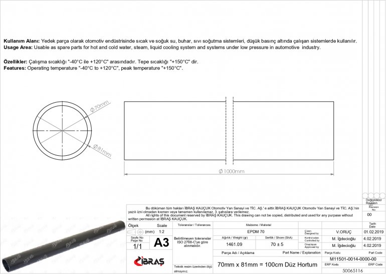 70mm x 81mm = 100 cm DÜZ HORTUM