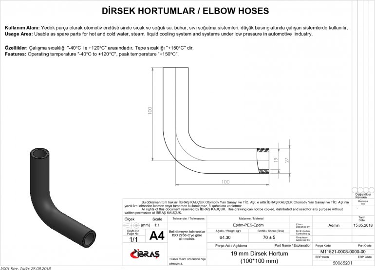 DİRSEK HORTUMU 19mm 10cm x 10cm