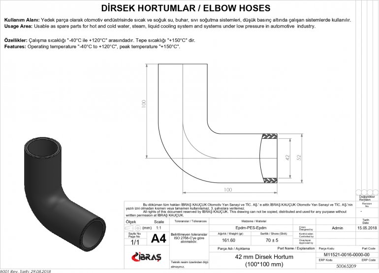 42mm 10cm x 10cm DİRSEK HORTUMU