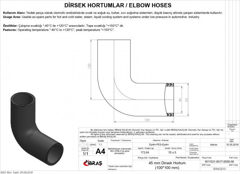 45mm 10cm x 10cm DİRSEK HORTUMU