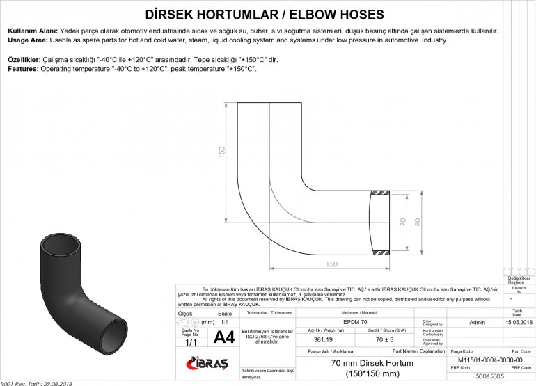 DİRSEK HORTUMU 70mm 15cm x 15cm