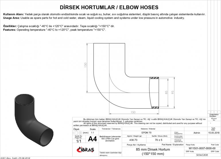 85mm 15cm x 15cm DİRSEK HORTUMU