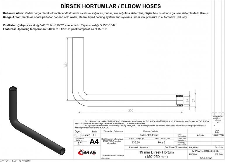 19mm 15cm x 25cm DİRSEK HORTUMU