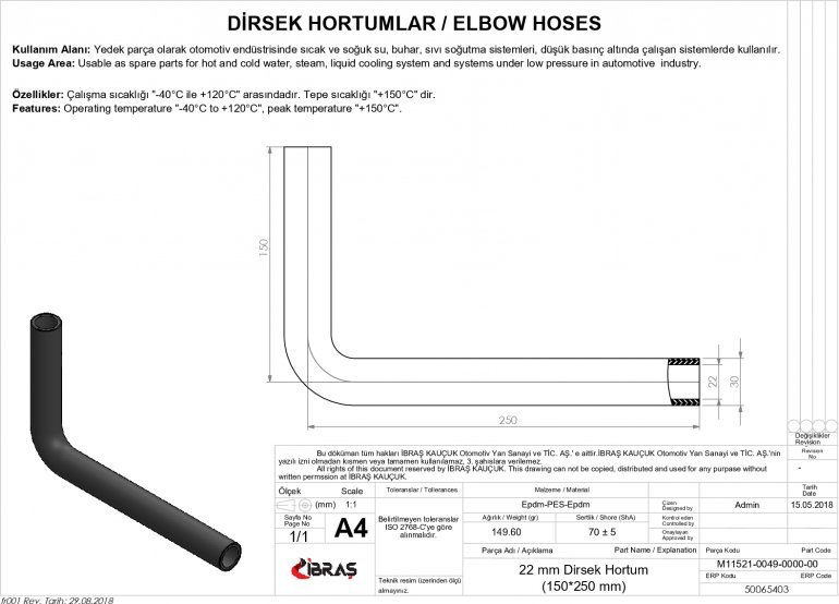 22mm 15cm x 25cm DİRSEK HORTUMU