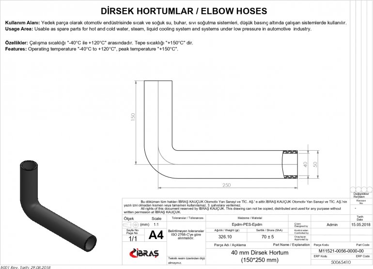 40mm 15cm x 25cm DİRSEK HORTUMU