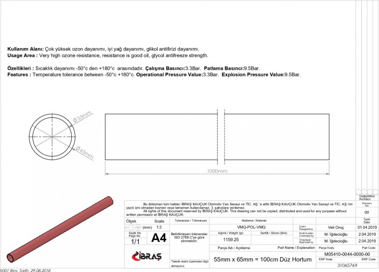 55mm x 65mm = 100cm DÜZ HORTUM