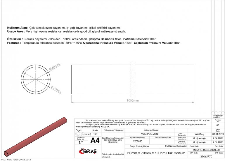 60mm x 70mm = 100cm DÜZ HORTUM