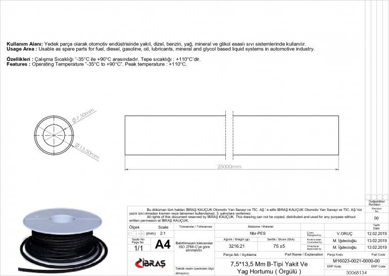 7.5 mm x 13.5 mm YAKIT HORTUMU / B TİPİ