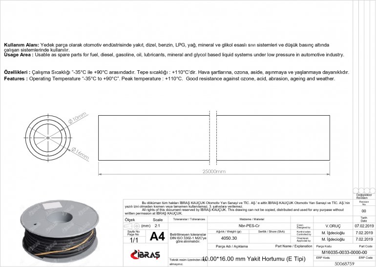 10.0 mm x 16.0 mm YAKIT HORTUMU / E TİPİ